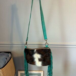 Turquoise Fringe Crossbody Bag with Cowhide Accent